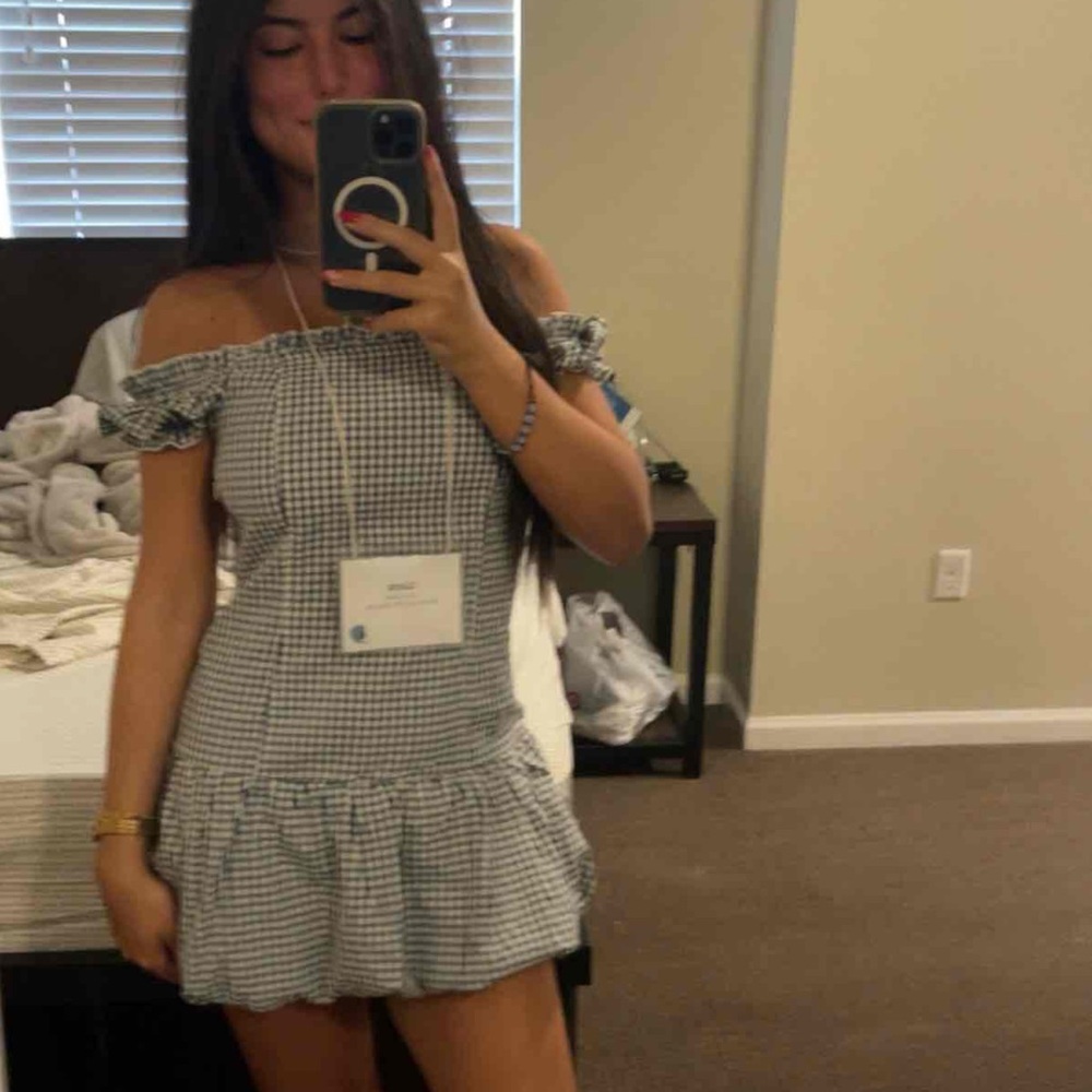 Edikted Blue Gingham Off-Shoulder Mini Dress